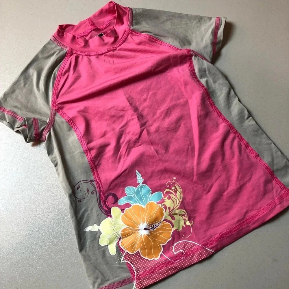 REI Girls Small Rashguard Pink & Grey Floral Swim Shirt Short Sleeve EUC
